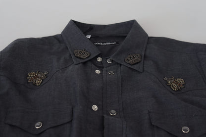 Dolce &amp;amp; Gabbana Blå Bomullsdenimskjorta med Kristallbi