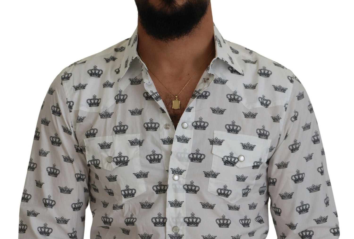 Dolce &amp;amp; Gabbana Vit Kronmönstrad Slim Fit Bomullsskjorta