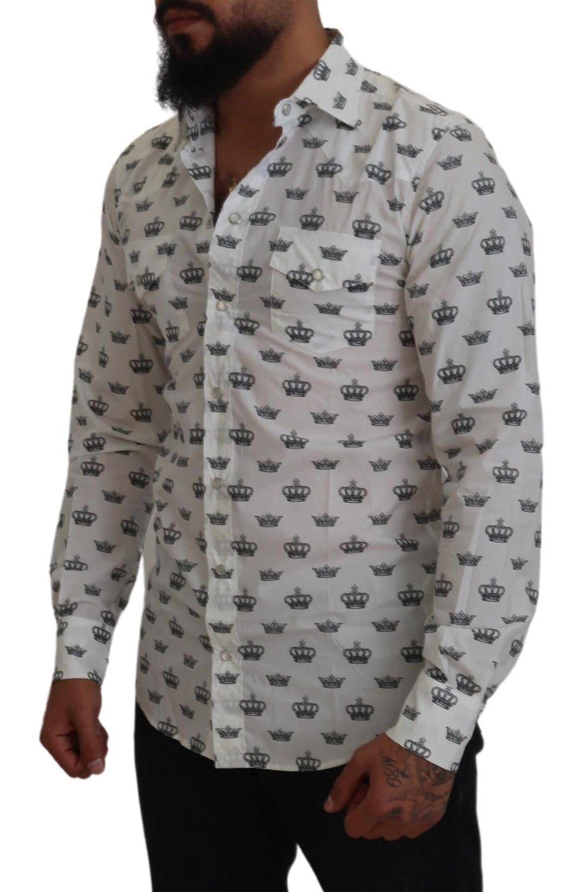 Dolce &amp;amp; Gabbana Vit Kronmönstrad Slim Fit Bomullsskjorta
