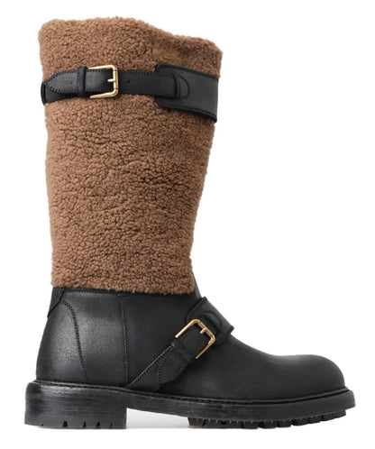 Dolce &amp;amp; Gabbana Svarta Läder Bruna Fårskinnsstövlar