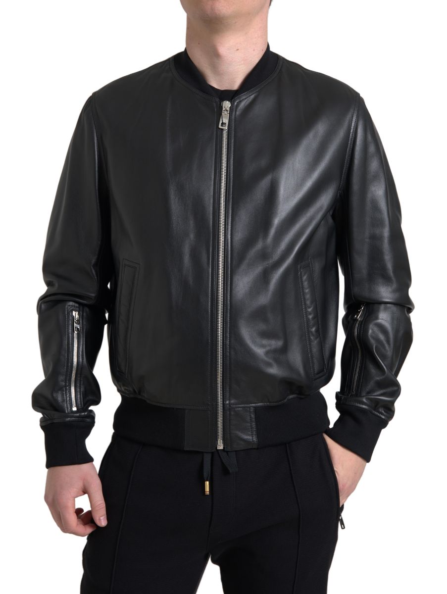 Dolce &amp;amp; Gabbana Svart Läder Bomberjacka Herr