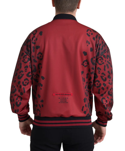 Dolce &amp;amp; Gabbana Röd Leopardfärgad Polyester Bomberjacka med Hel Dragkedja