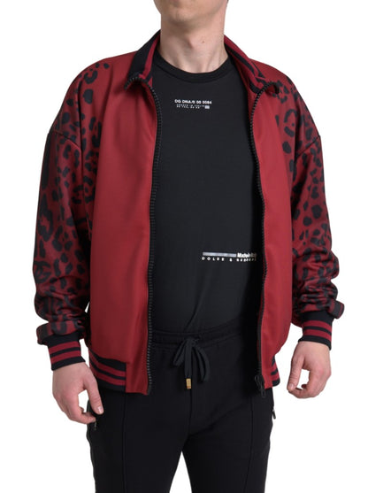 Dolce &amp;amp; Gabbana Röd Leopardfärgad Polyester Bomberjacka med Hel Dragkedja