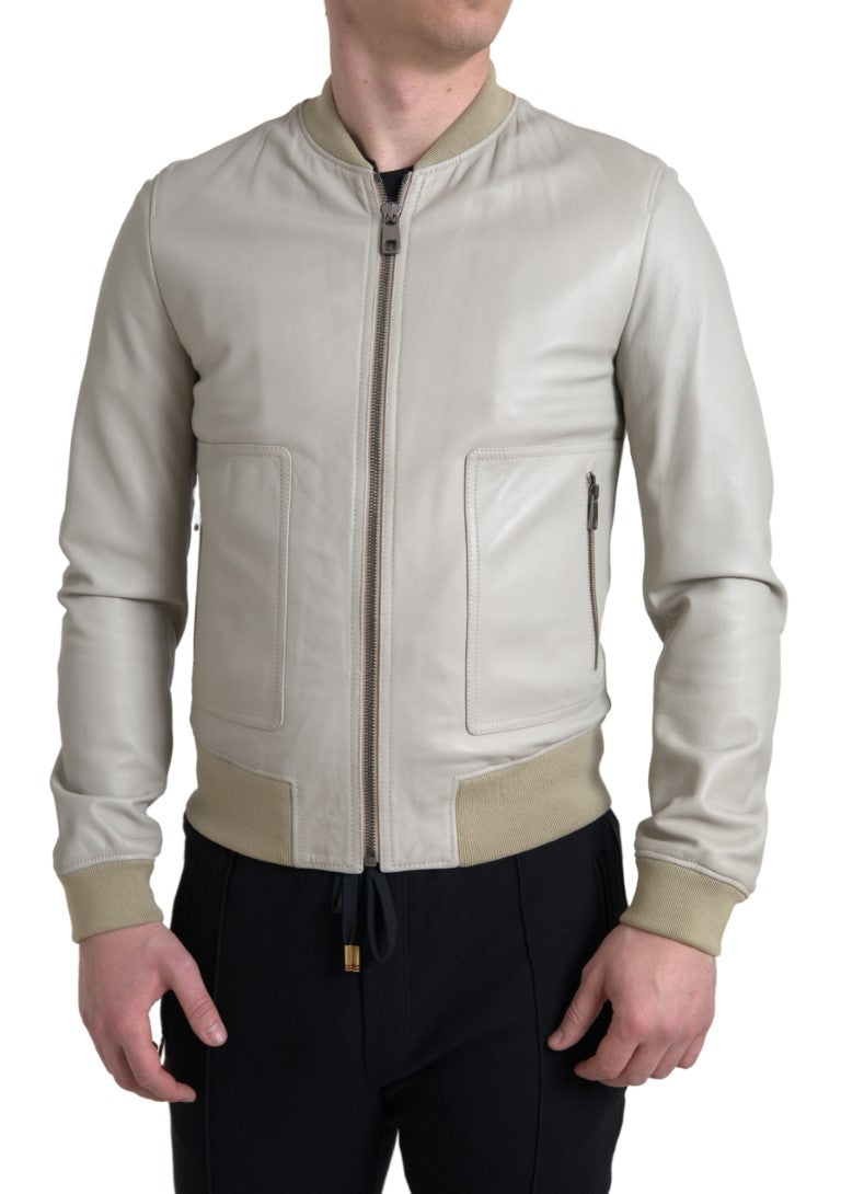 Dolce &amp;amp; Gabbana Krämfärgad Läderbomber Blouson Hel Dragkedja