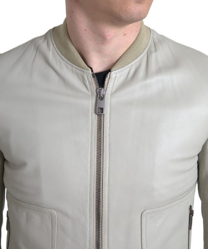 Dolce &amp;amp; Gabbana Krämfärgad Läderbomber Blouson Hel Dragkedja