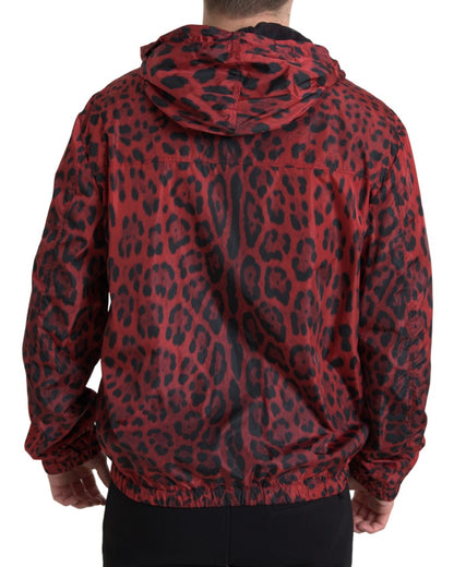 Dolce &amp;amp; Gabbana Röd Leopardjacka med Huva och Hel Dragkedja