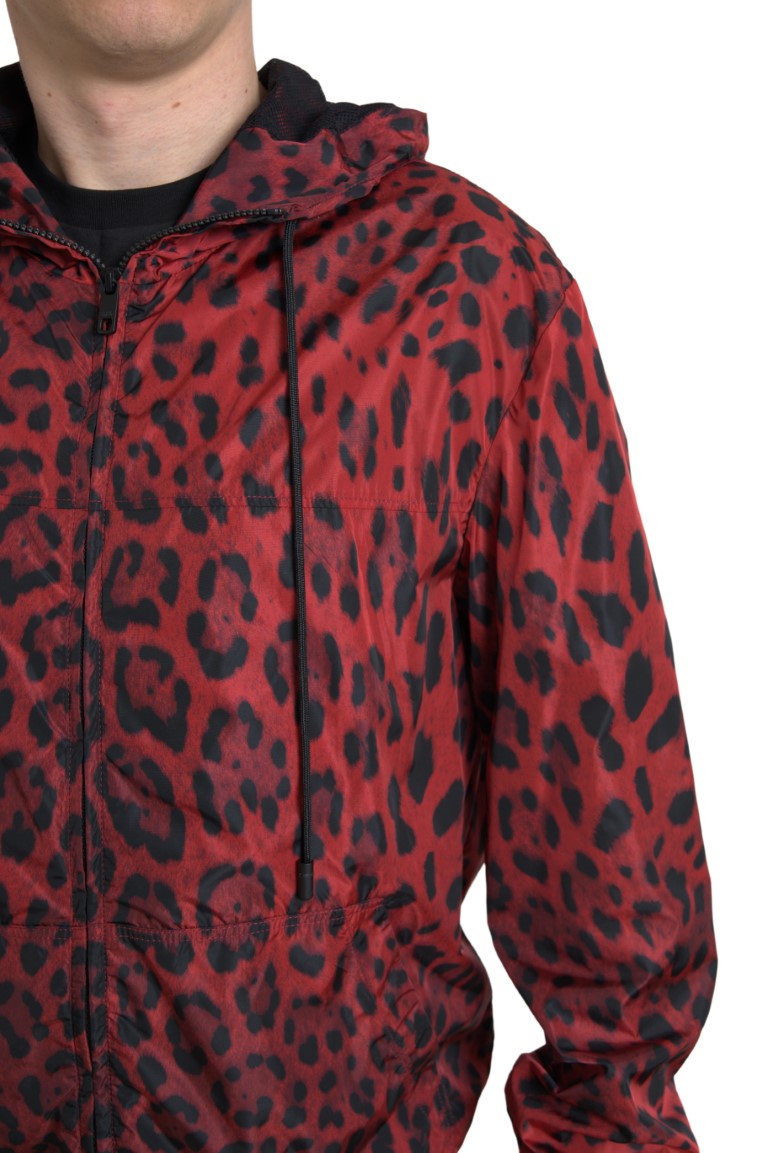Dolce &amp;amp; Gabbana Röd Leopardjacka med Huva och Hel Dragkedja