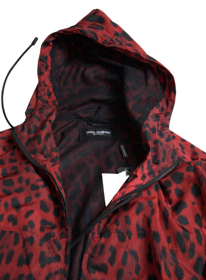 Dolce &amp;amp; Gabbana Röd Leopardjacka med Huva och Hel Dragkedja