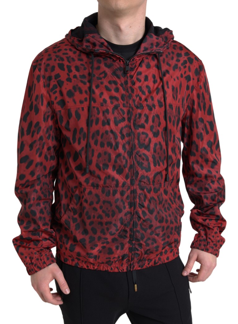 Dolce &amp;amp; Gabbana Röd Leopardjacka med Huva och Hel Dragkedja