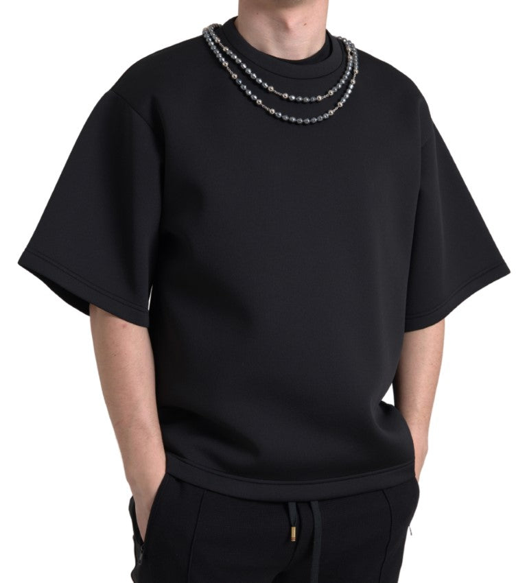 Dolce &amp;amp; Gabbana svart halsbands-t-shirt med utsmyckad polyester