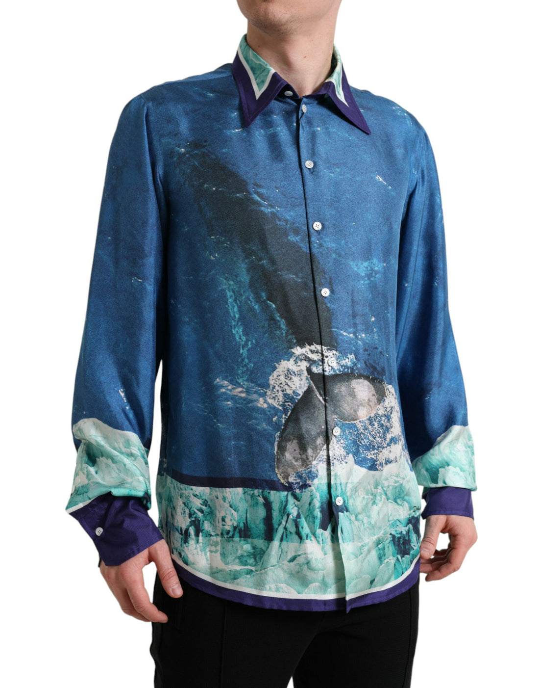 Dolce &amp;amp; Gabbana Blå Havsmönstrad Sidenskjorta Med Krage Och Button Down
