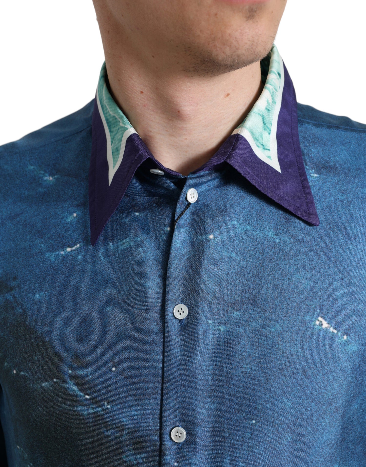 Dolce &amp;amp; Gabbana Blå Havsmönstrad Sidenskjorta Med Krage Och Button Down