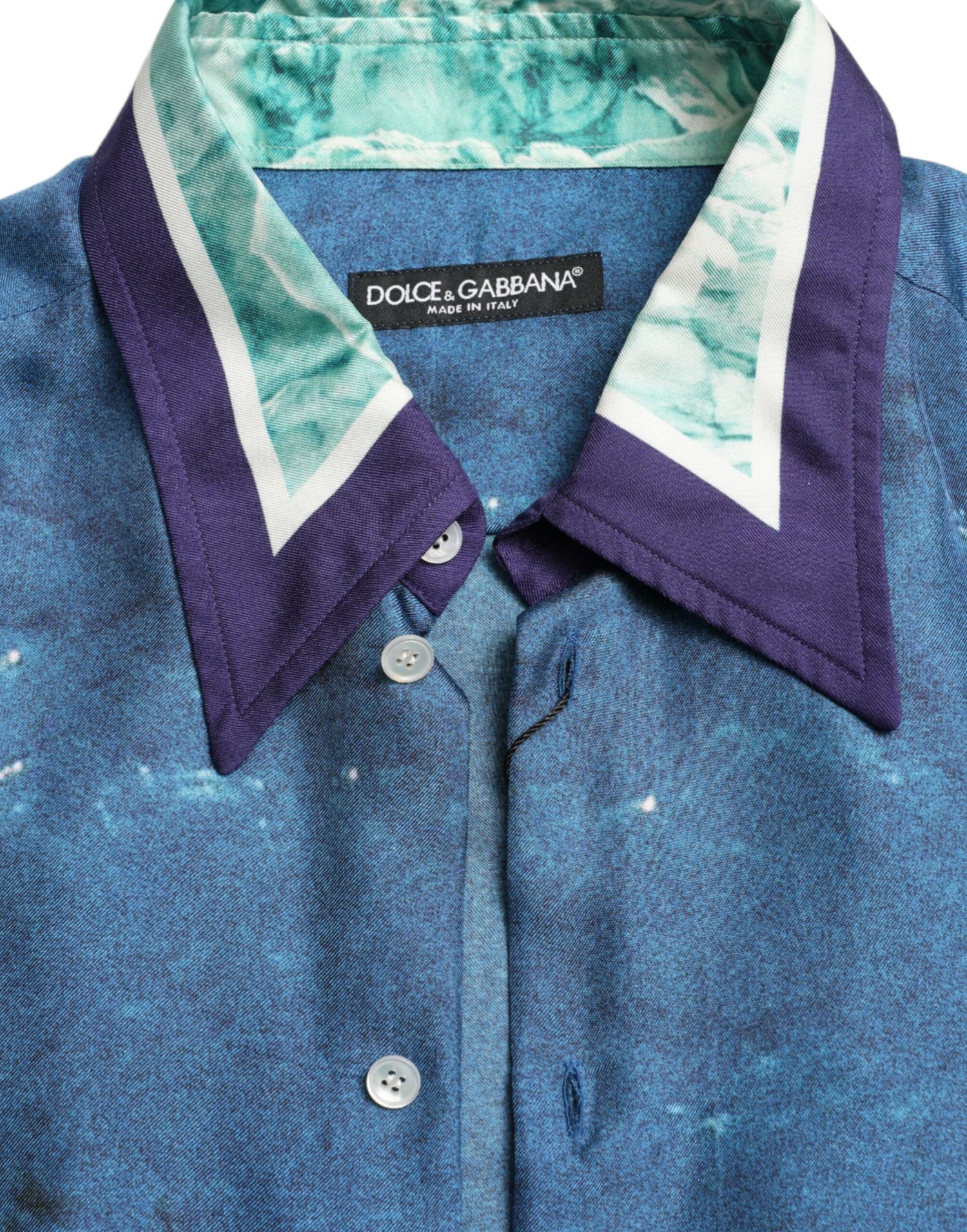 Dolce &amp;amp; Gabbana Blå Havsmönstrad Sidenskjorta Med Krage Och Button Down
