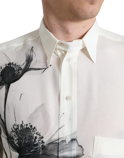 Dolce &amp;amp; Gabbana Vit Blommig Krageklänning Sidenskjorta