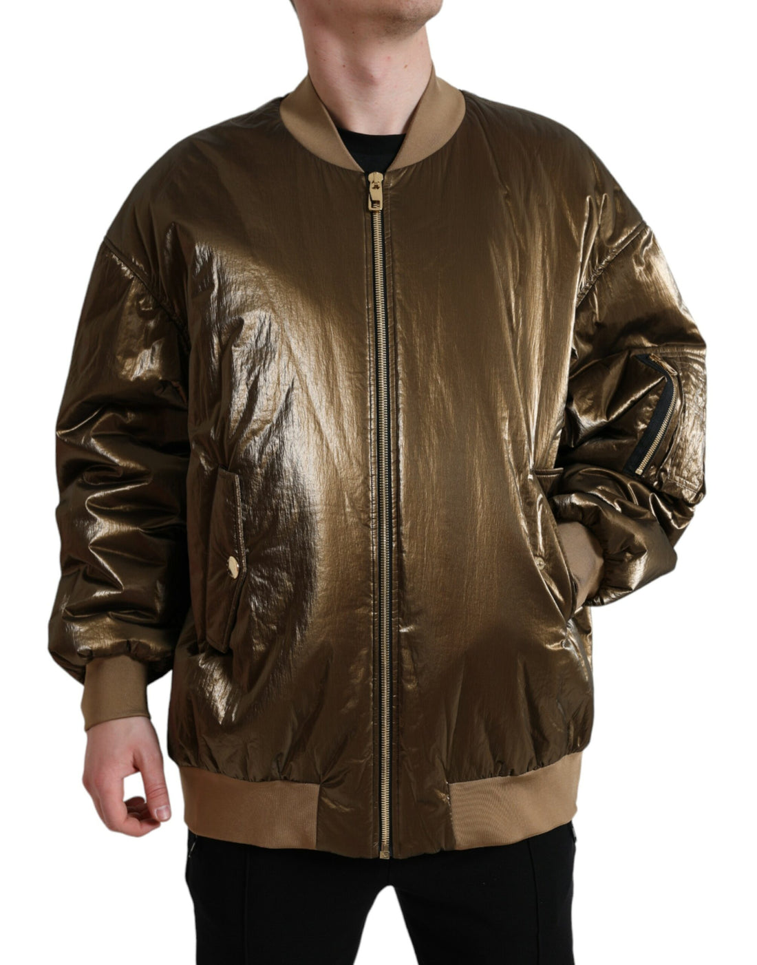 Dolce &amp;amp; Gabbana Bronze Nylon Full Zip Herr Bomberjacka