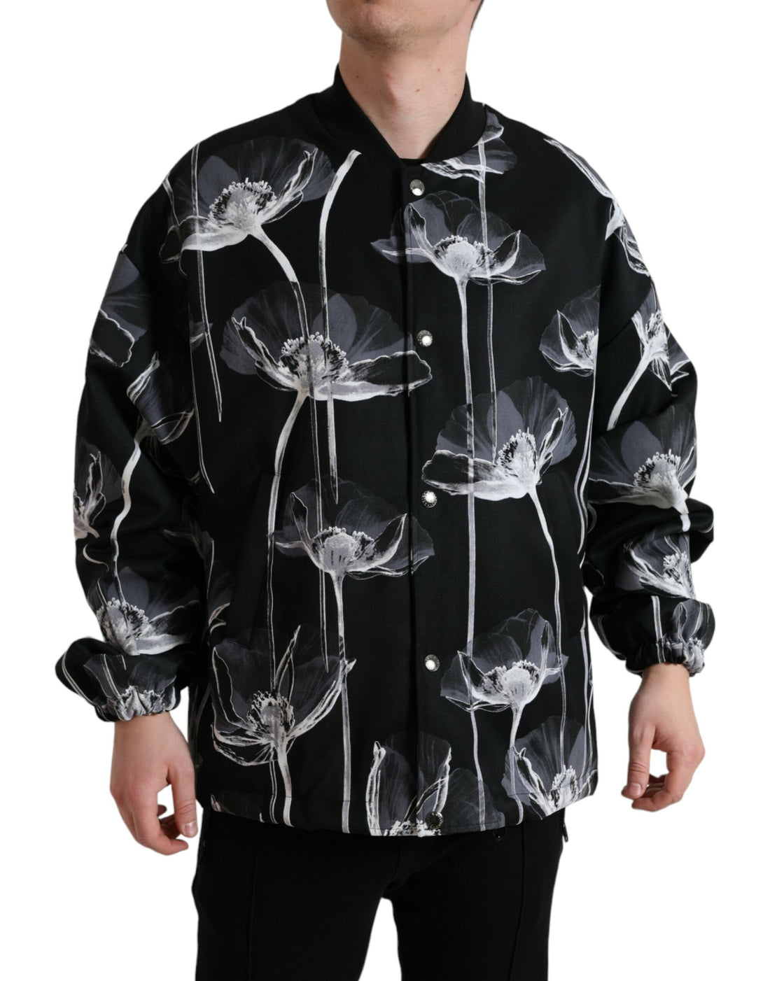 Dolce &amp;amp; Gabbana Svart blommig ullbomberjacka med knappar