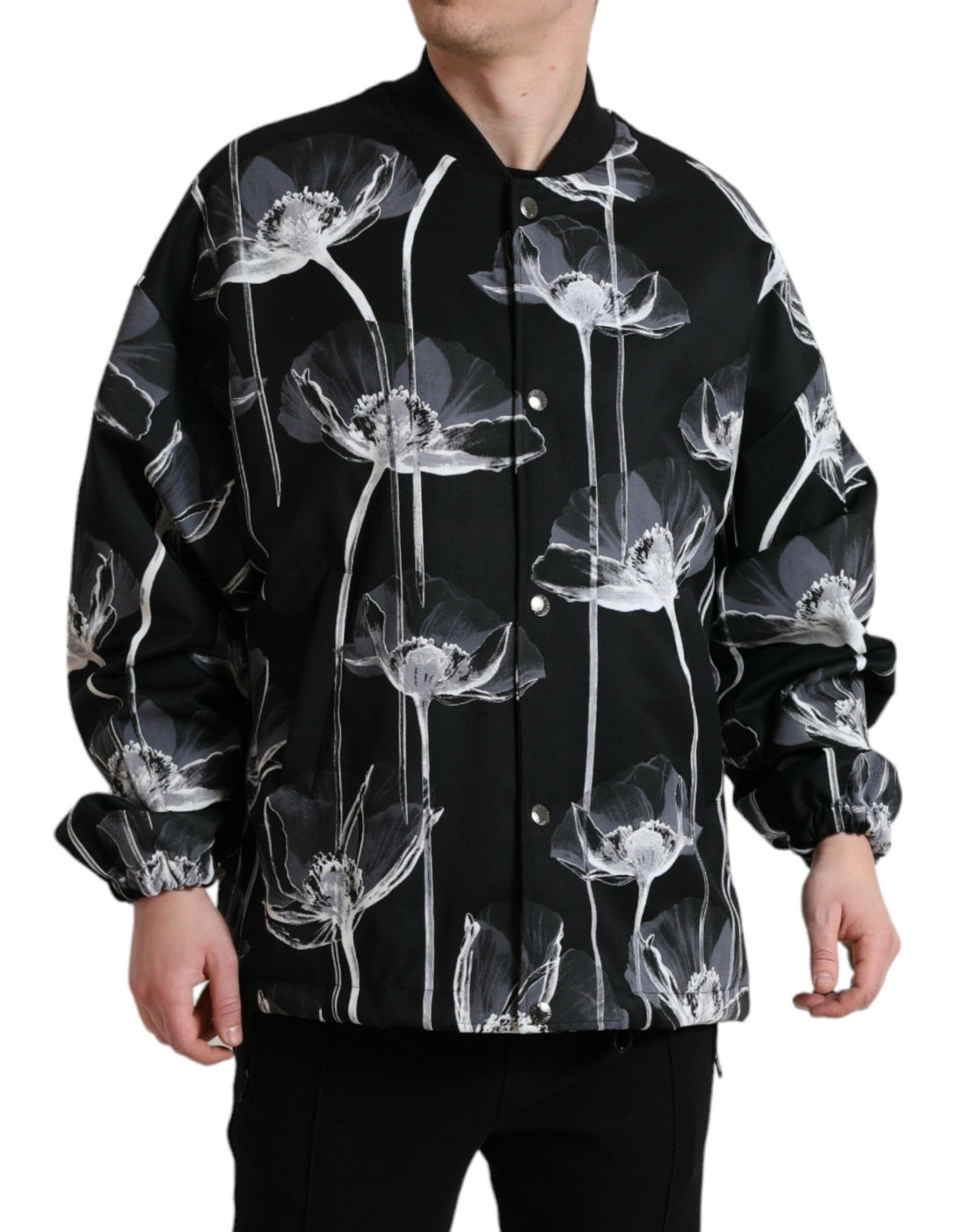 Dolce &amp;amp; Gabbana Svart blommig ullbomberjacka med knappar