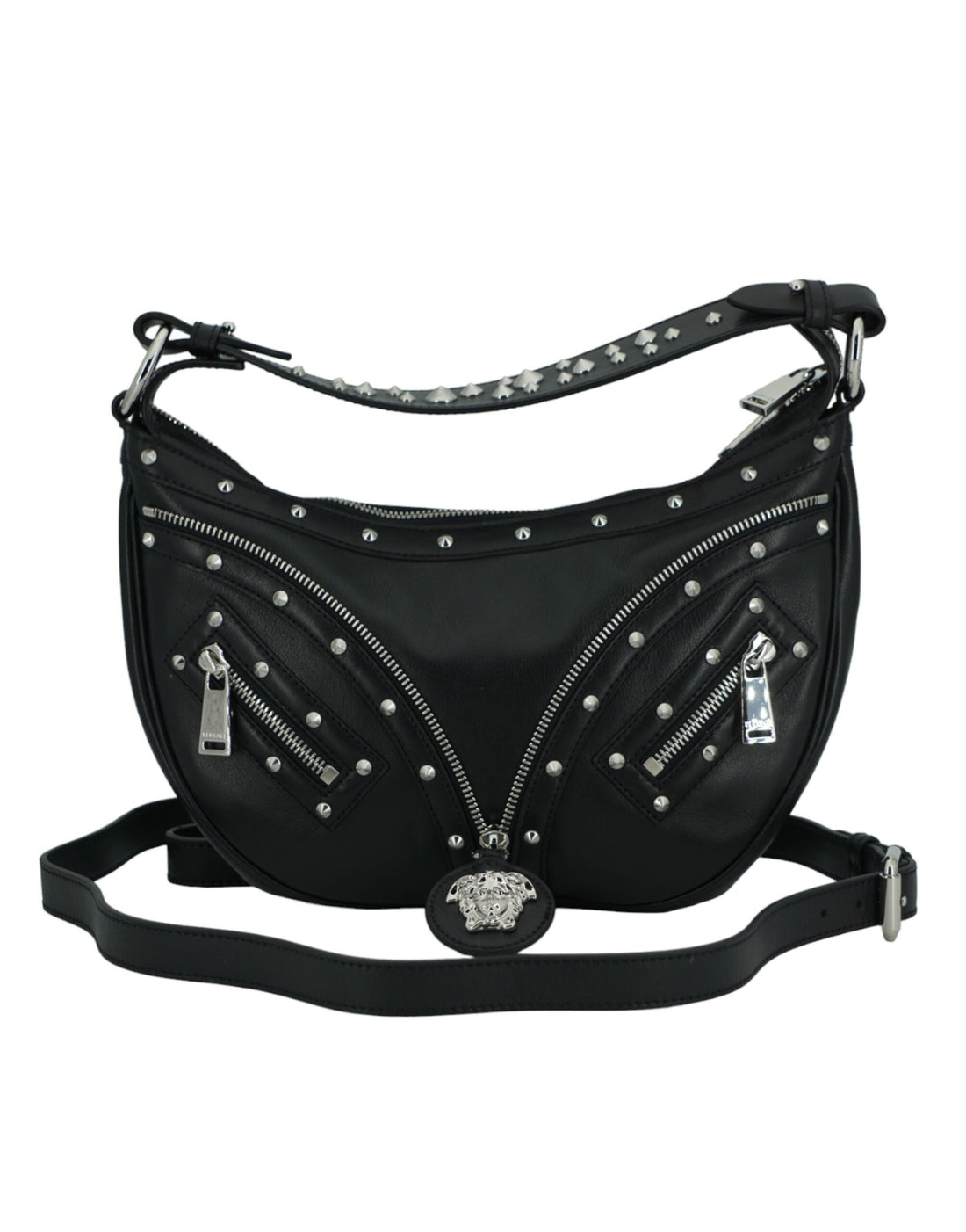 Versace Elegant Svart Läder Hobo Axelväska