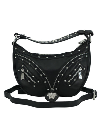Versace Elegant Svart Läder Hobo Axelväska