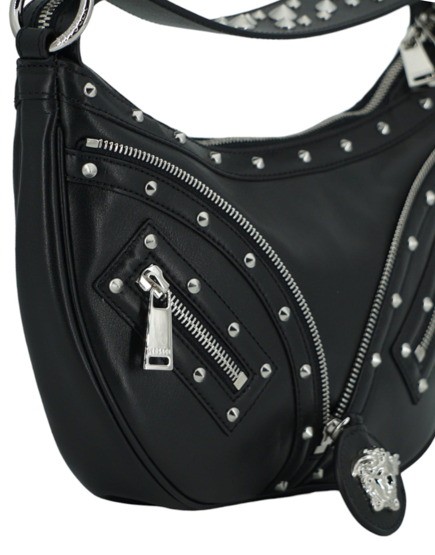 Versace Elegant Svart Läder Hobo Axelväska