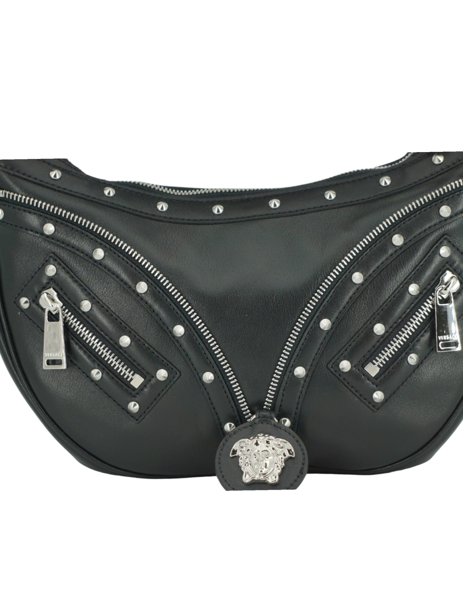 Versace Elegant Svart Läder Hobo Axelväska