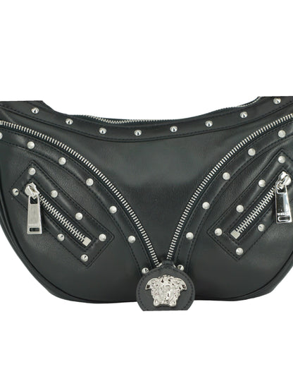 Versace Elegant Svart Läder Hobo Axelväska