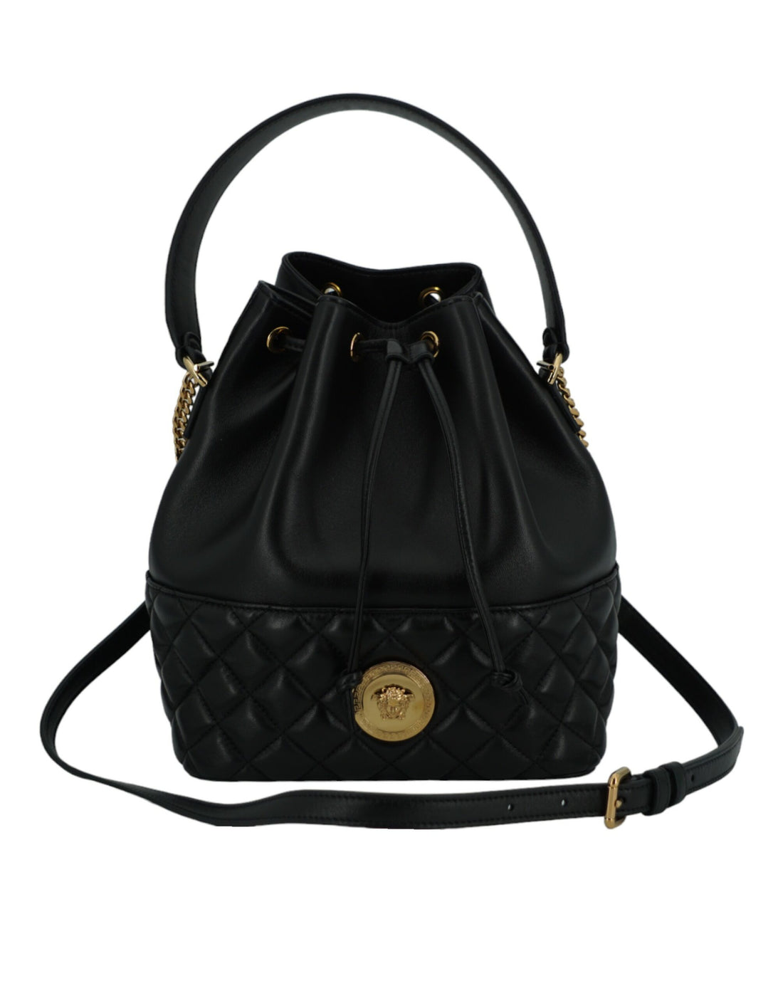 Versace Elegant Svart Läder Medusa Bucket Axelväska