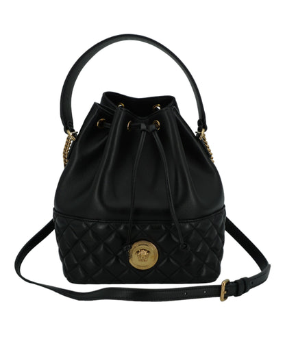 Versace Elegant Svart Läder Medusa Bucket Axelväska