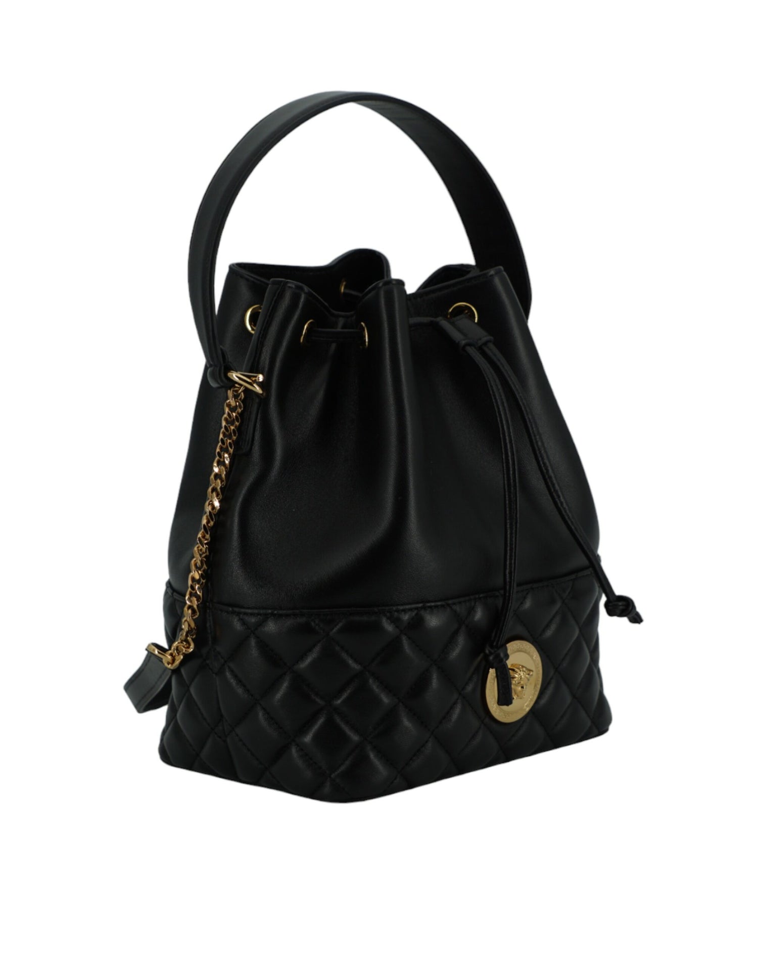 Versace Elegant Svart Läder Medusa Bucket Axelväska