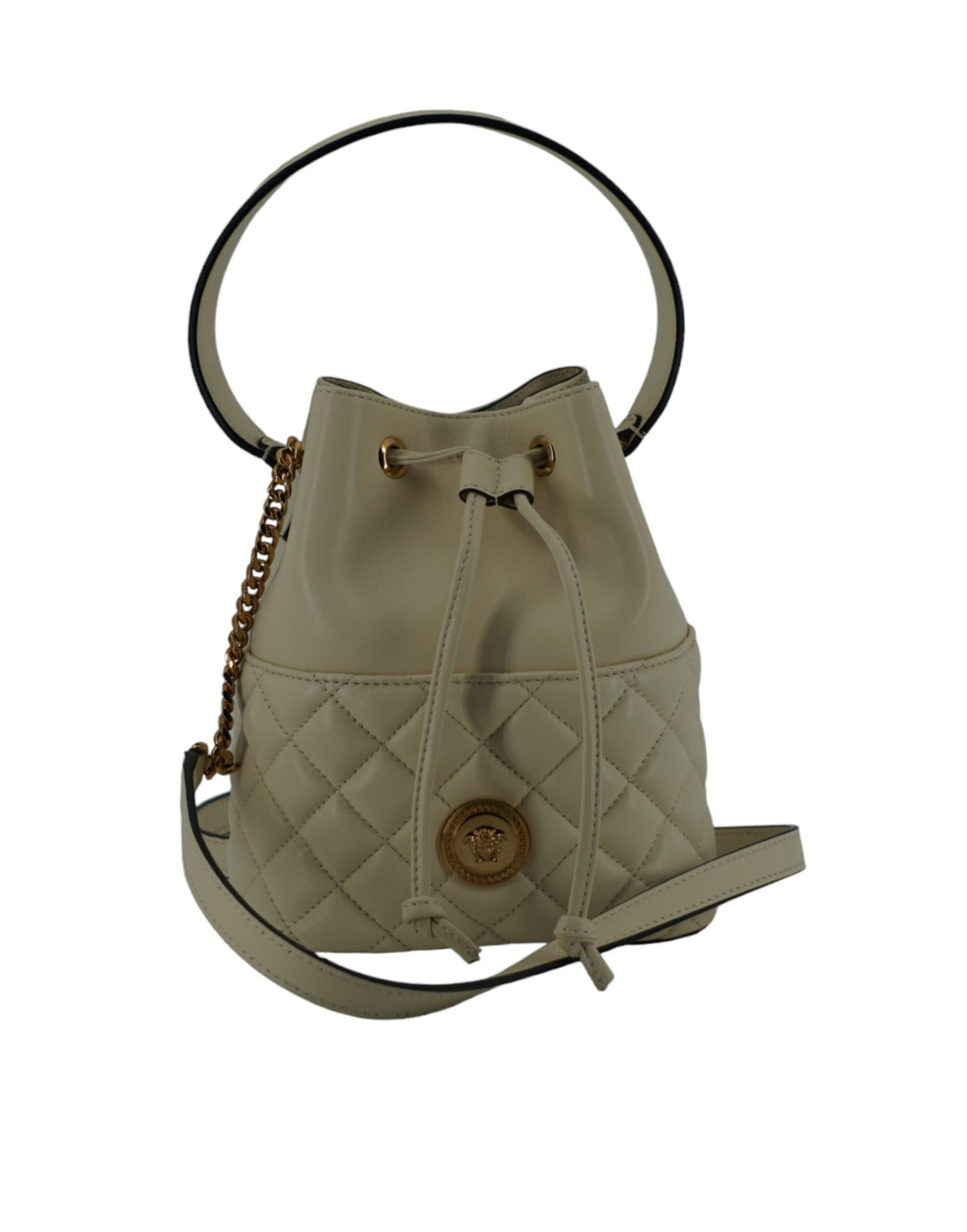 Versace Elegant Liten Vit Läderväska med Bucket-axelrem