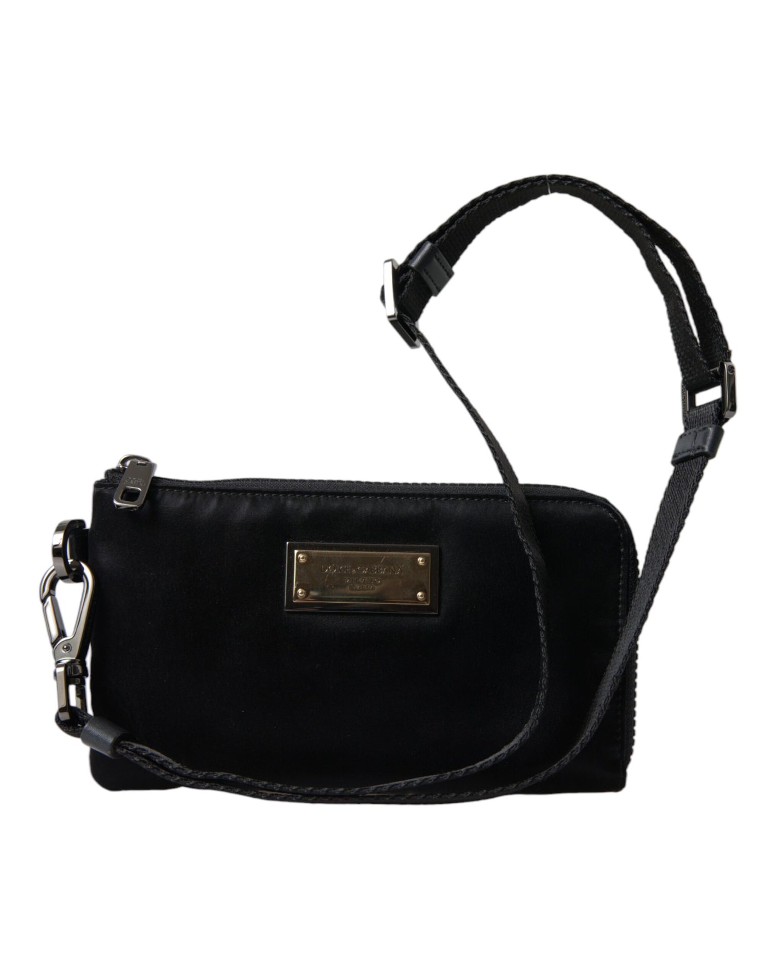 Dolce &amp;amp; Gabbana svart nylon nyckelringspåse med logotyp och plack kuvertväska