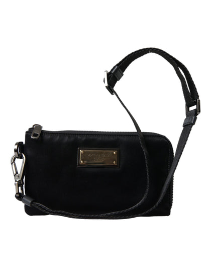Dolce &amp;amp; Gabbana svart nylon nyckelringspåse med logotyp och plack kuvertväska
