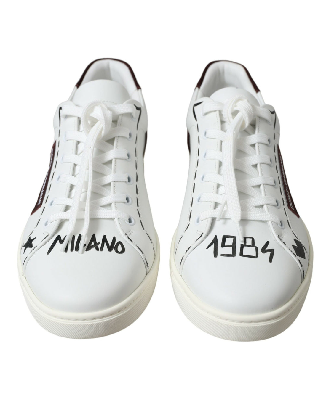 Dolce &amp;amp; Gabbana Vita Bordeaux Läder Logotyp Låga Sneakers Skor