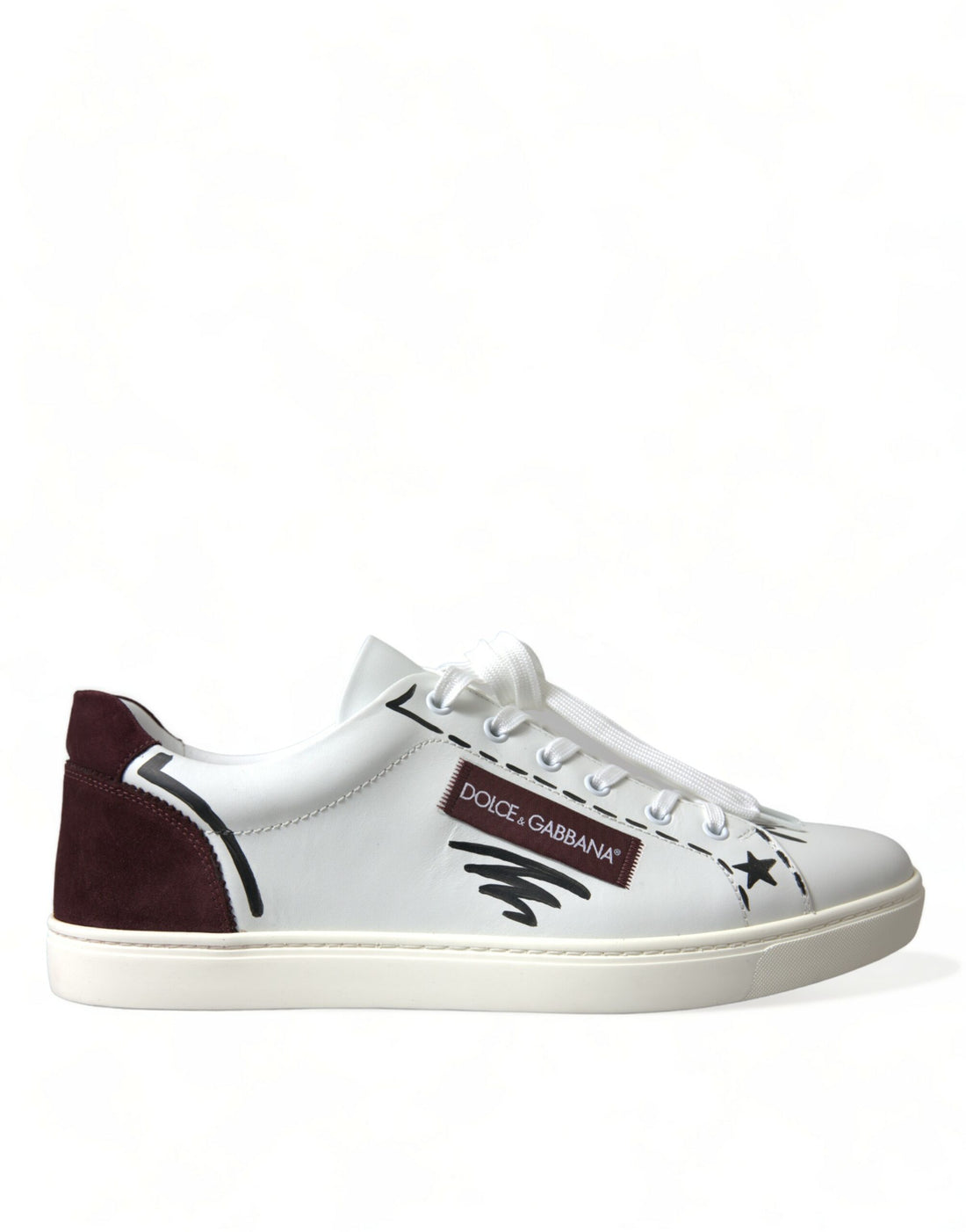 Dolce &amp;amp; Gabbana Vita Bordeaux Läder Logotyp Låga Sneakers Skor