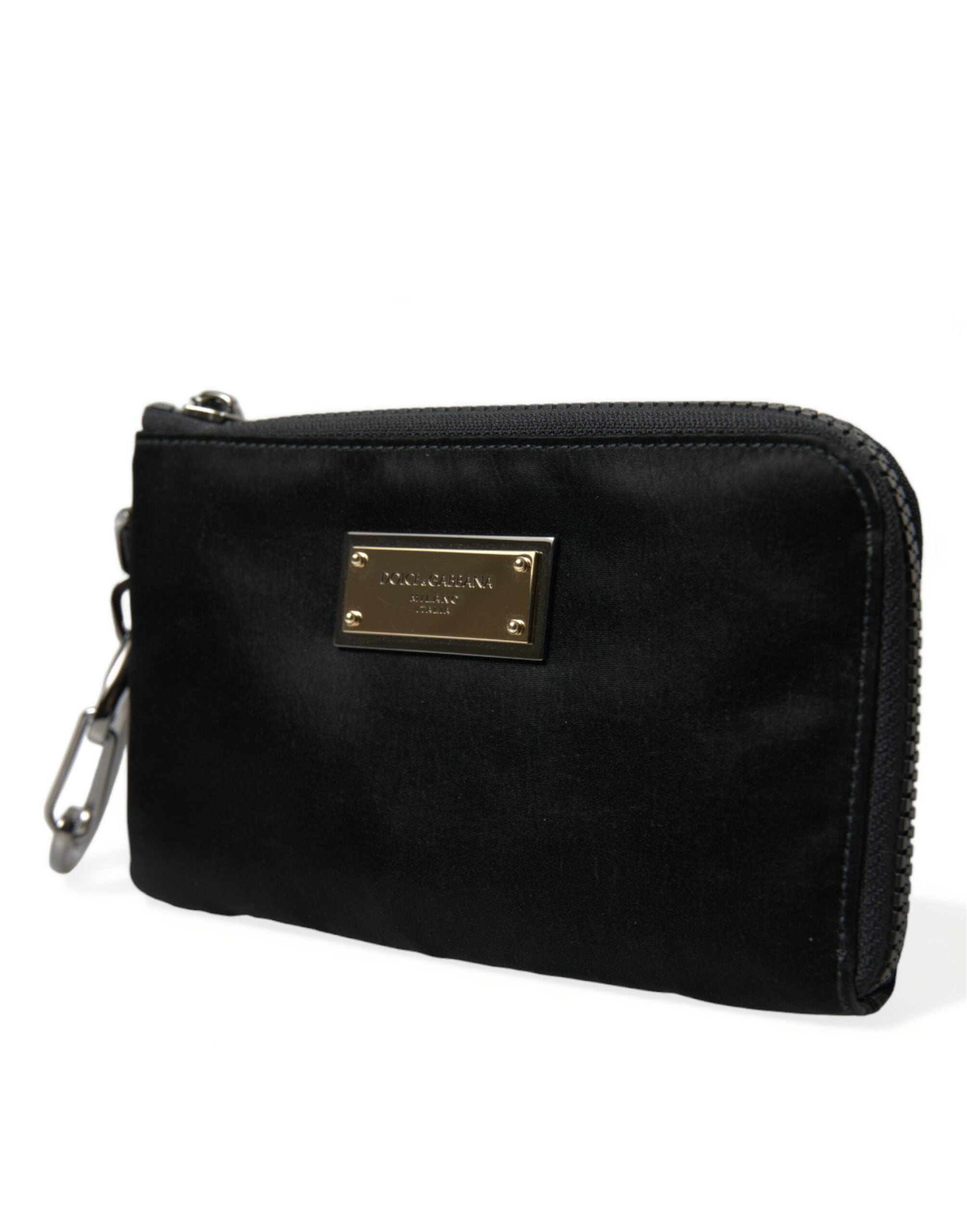 Dolce &amp;amp; Gabbana svart nylon nyckelringspåse med logotyp och plack kuvertväska