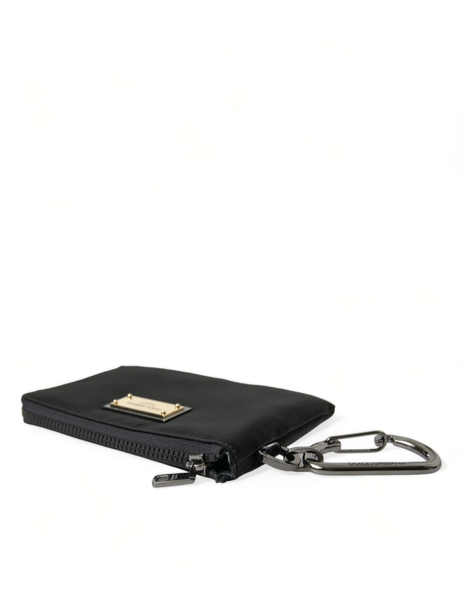 Dolce &amp;amp; Gabbana svart nylon nyckelringspåse med logotyp och plack kuvertväska