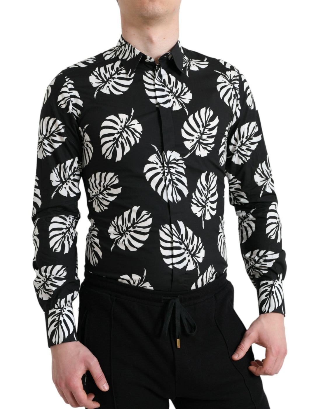 Dolce &amp;amp; Gabbana Black Leaf Cotton Herr Formell Guldskjorta