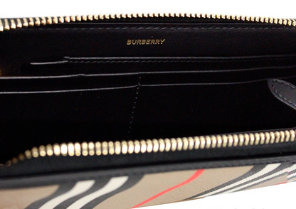 Burberry Ellerby svart läderplånbok med ikonrandig kanvas med dragkedja runt kontinental