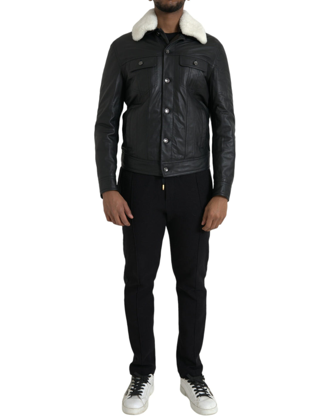 Dolce &amp;amp; Gabbana Svart Läderjacka med Pälskrage