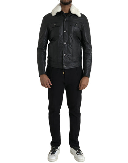 Dolce &amp;amp; Gabbana Svart Läderjacka med Pälskrage