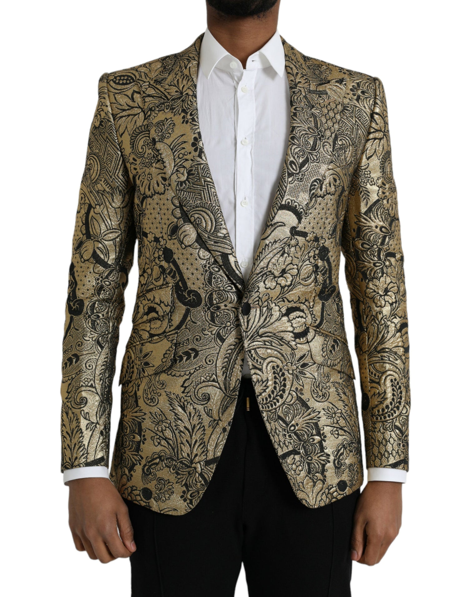 Dolce &amp;amp; Gabbana Guldfärgad SICILIA Jacquard Enkelknäppt Kavaj