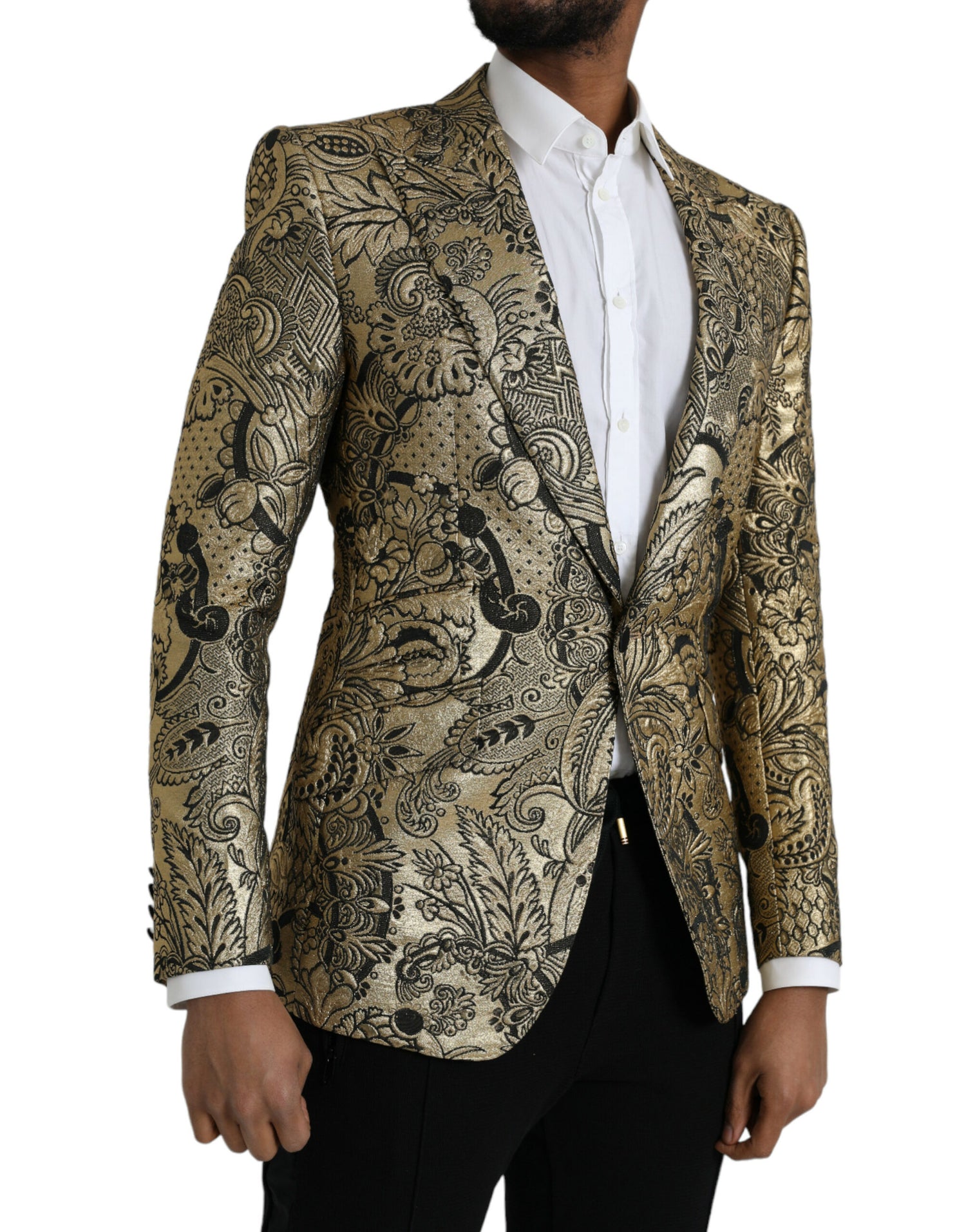 Dolce &amp;amp; Gabbana Guldfärgad SICILIA Jacquard Enkelknäppt Kavaj