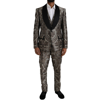 Dolce &amp;amp; Gabbana Brun Blommig Jacquard Kostym i 3 Delad Formell Kostym