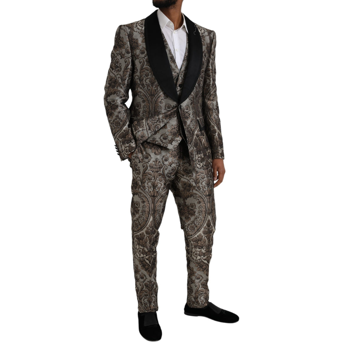 Dolce &amp;amp; Gabbana Brun Blommig Jacquard Kostym i 3 Delad Formell Kostym