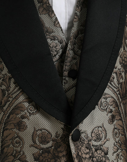 Dolce &amp;amp; Gabbana Brun Blommig Jacquard Kostym i 3 Delad Formell Kostym