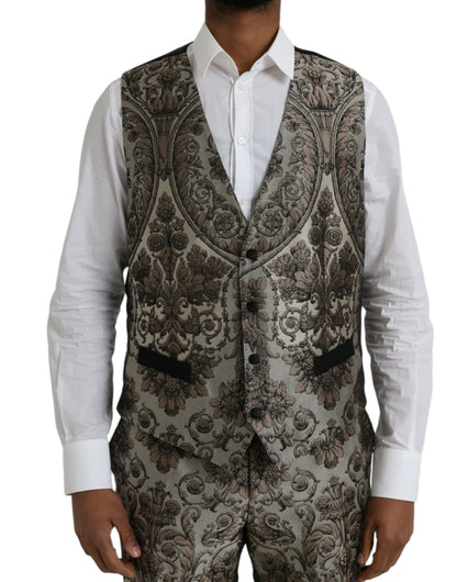 Dolce &amp;amp; Gabbana Brun Blommig Jacquard Kostym i 3 Delad Formell Kostym