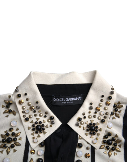 Dolce &amp;amp; Gabbana Vit Svart Sidenskjorta med Nitar och Kristaller