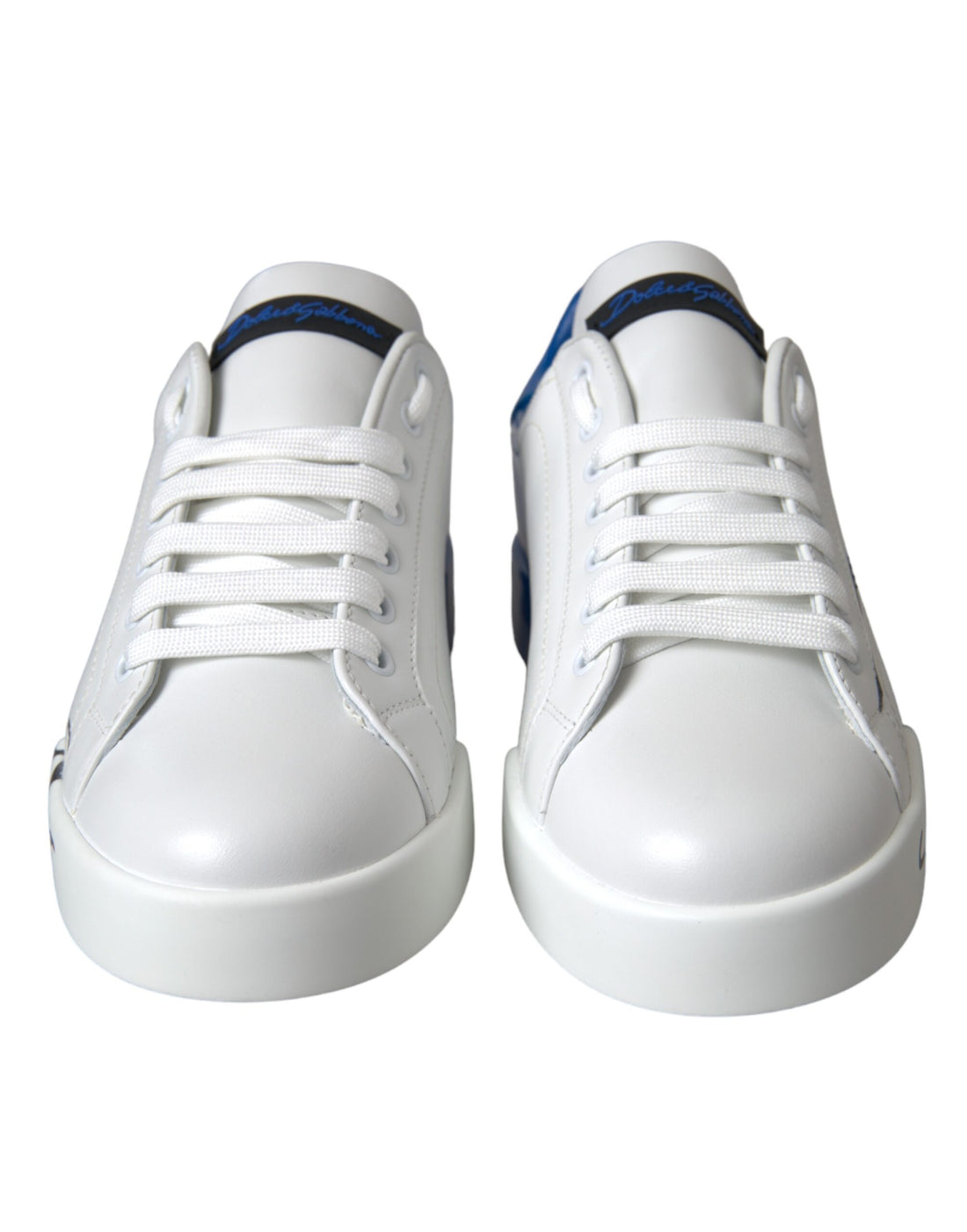 Dolce &amp;amp; Gabbana Vita Blå Läderlogotyp Låga Sneakers Skor