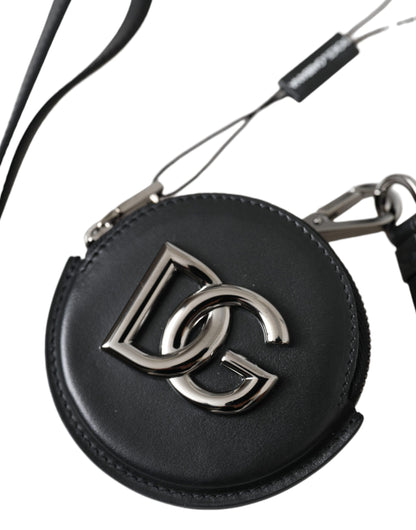 Dolce &amp;amp; Gabbana Svart Rund Läder Myntväska DG Logotyp Snodd Plånbok