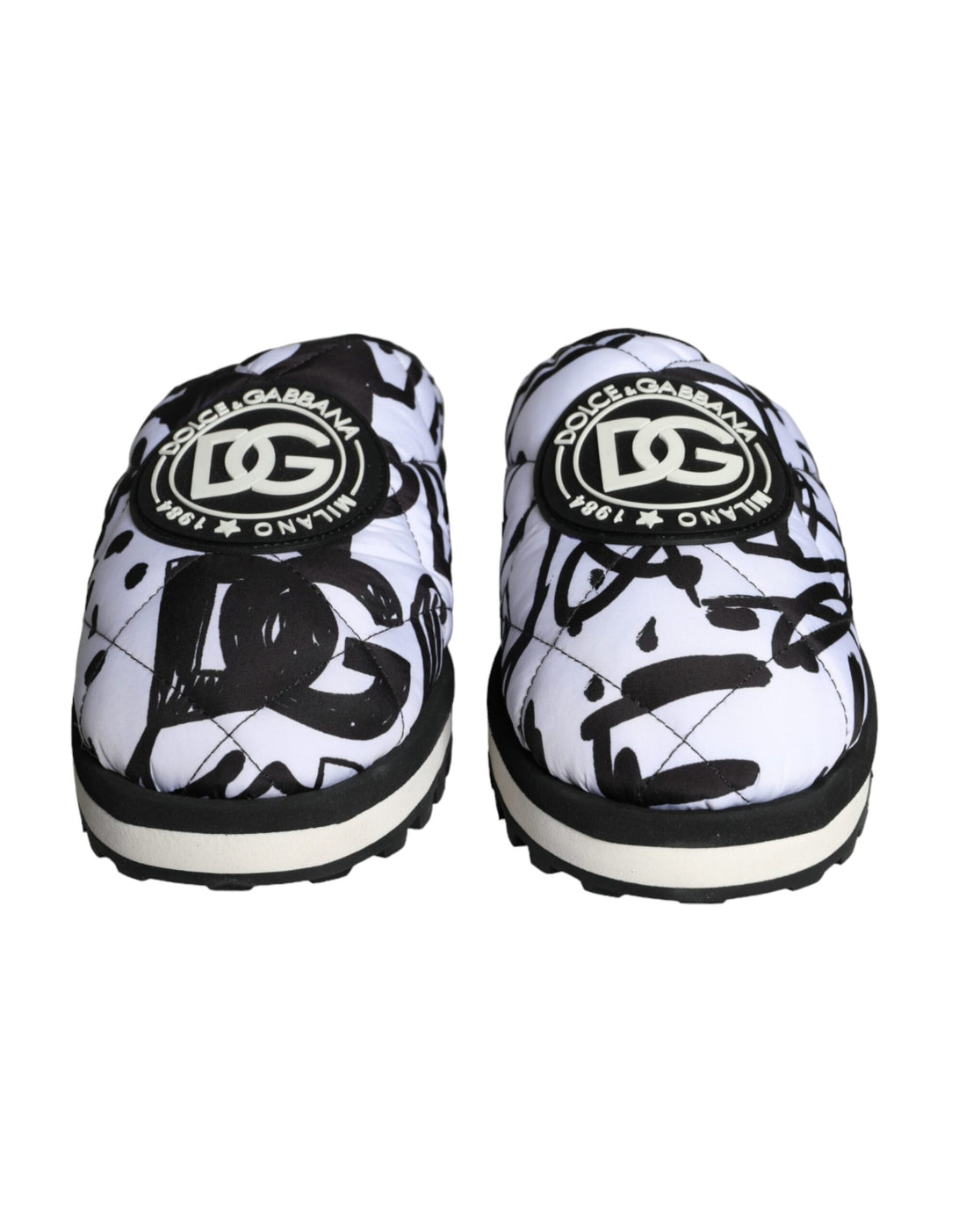Dolce &amp;amp; Gabbana Svarta Vita Quiltade Logotyp Sandaler Tofflor Skor
